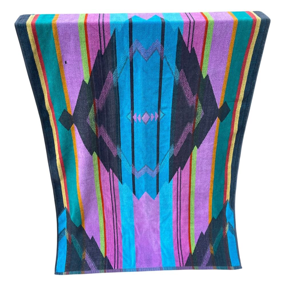 Vintage Terry Treasure Bath Beach Towel Southwestern Geometric 80s 32x58 Cotton - Picture 2 of 8